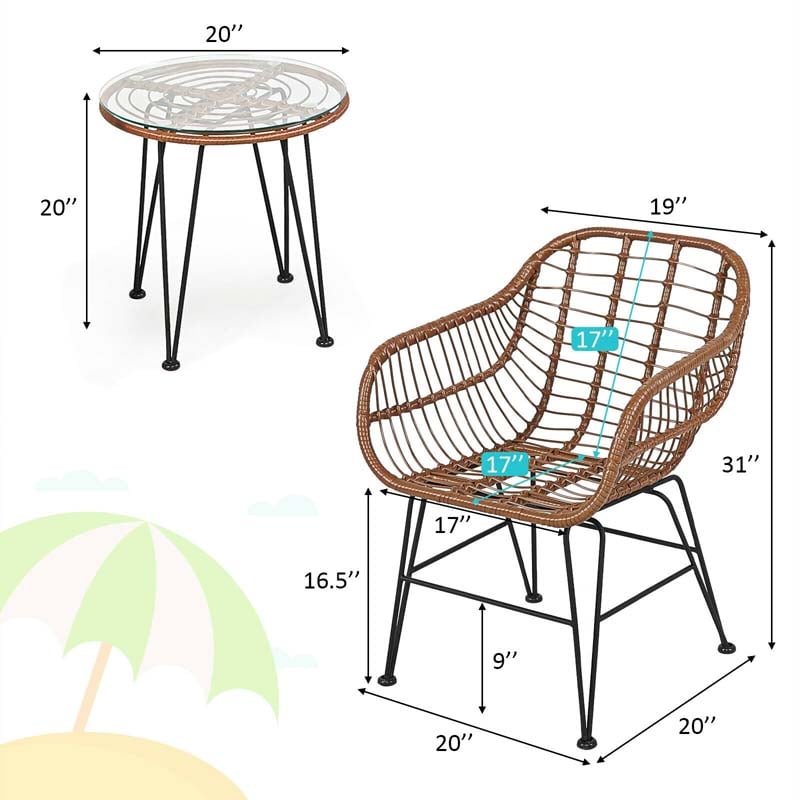 3 Pcs Patio Conversation Bistro Set Outdoor Rattan Furniture Set with Round Table & 2 Rattan Cushioned Armchairs