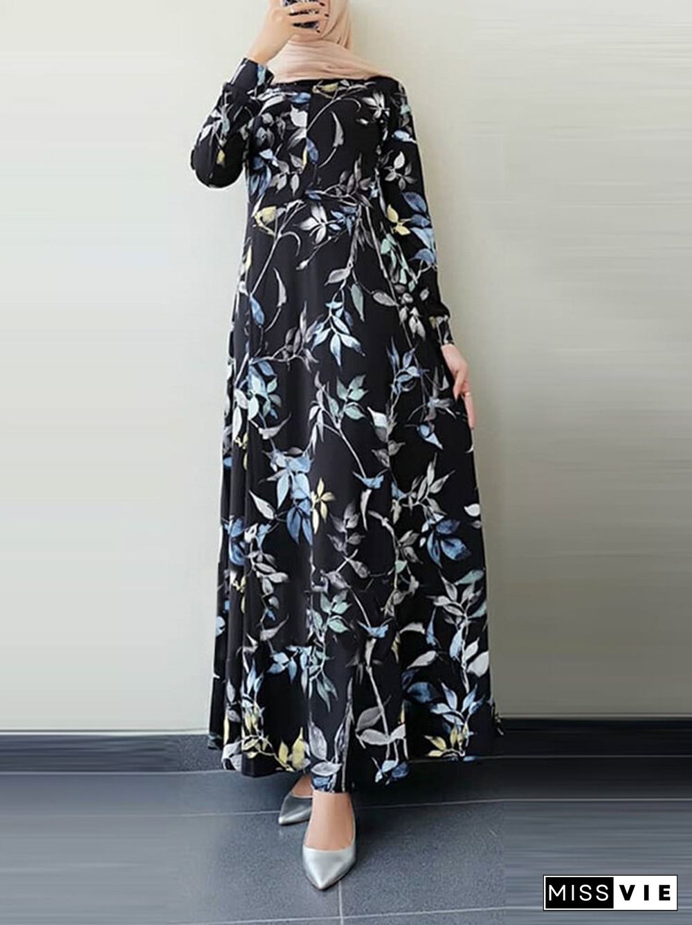 Leaves Print O-neck Long Sleeve Casual Muslim Dress for Women