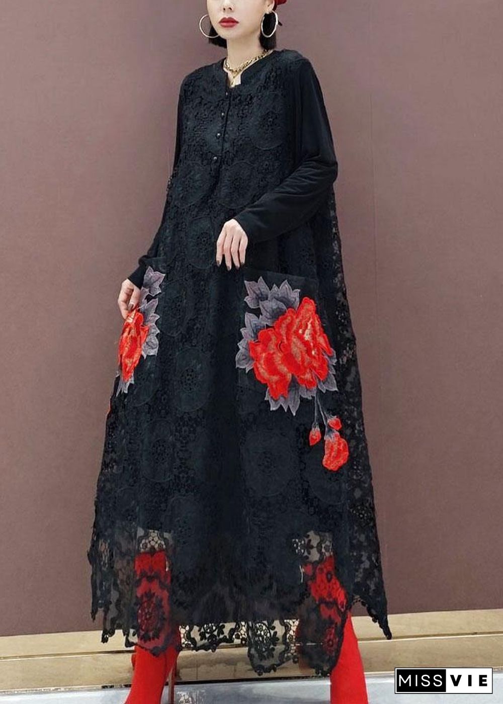 Bohemian Black O-Neck Lace Print Dress Fall