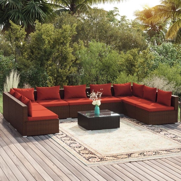 10 Piece Patio Lounge Set with Cushions Poly Rattan Brown - Overstock - 36365132