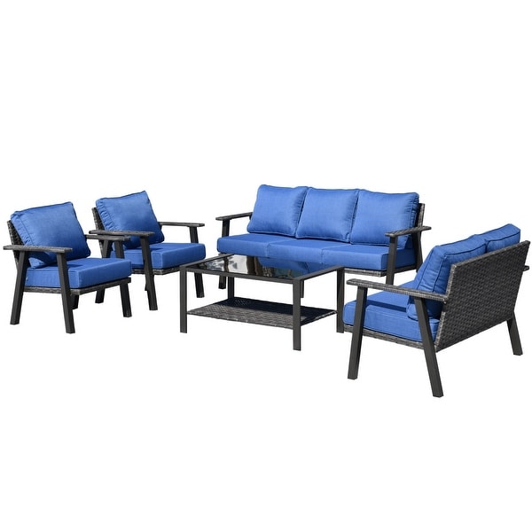 OVIOS 5piece Outdoor Steel Frame Ottoman Wicker Solid Pattern Cushion Sectional Set Glass Top Table