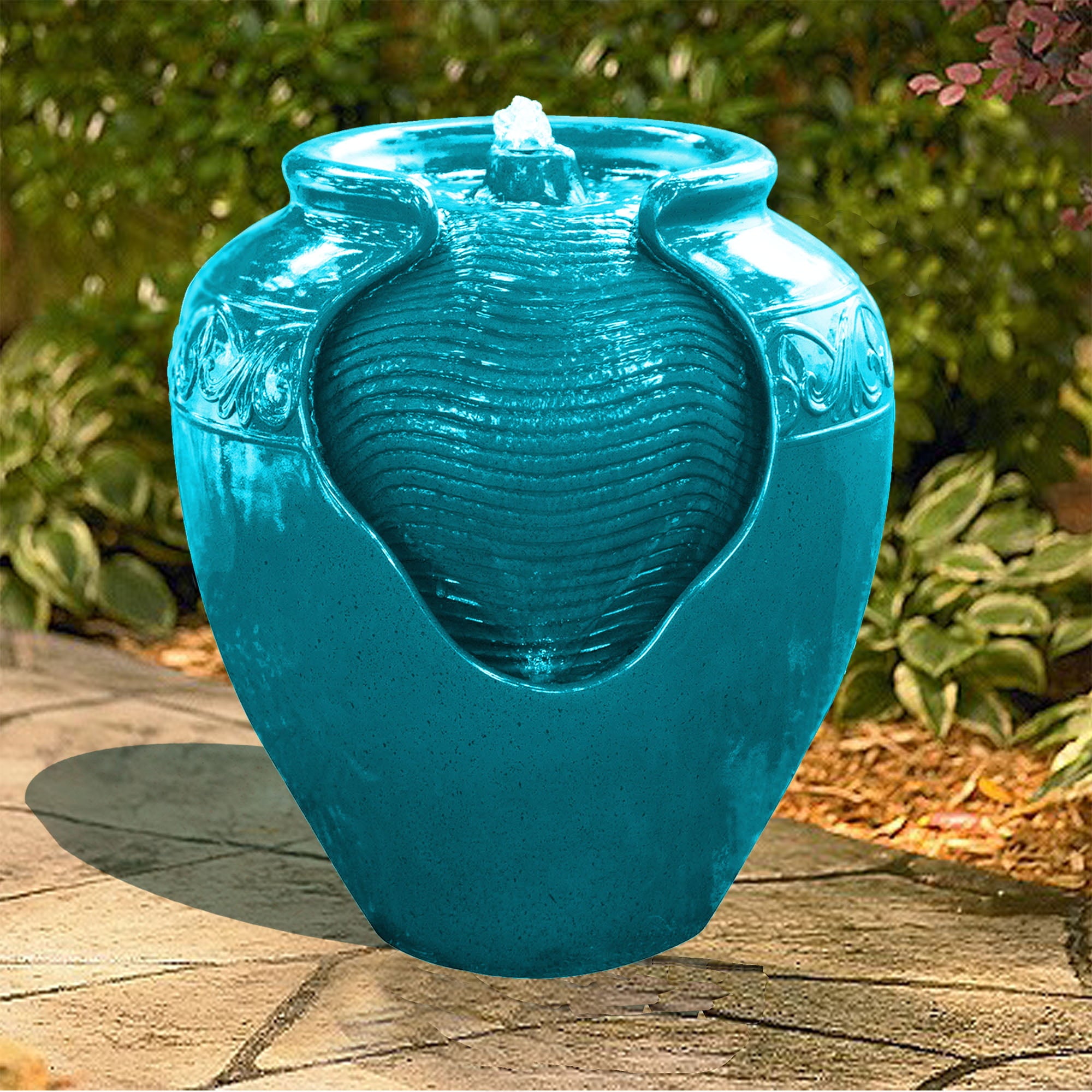 Teamson Home Outdoor Glazed Pot Floor Fountain with LED Light - Teal