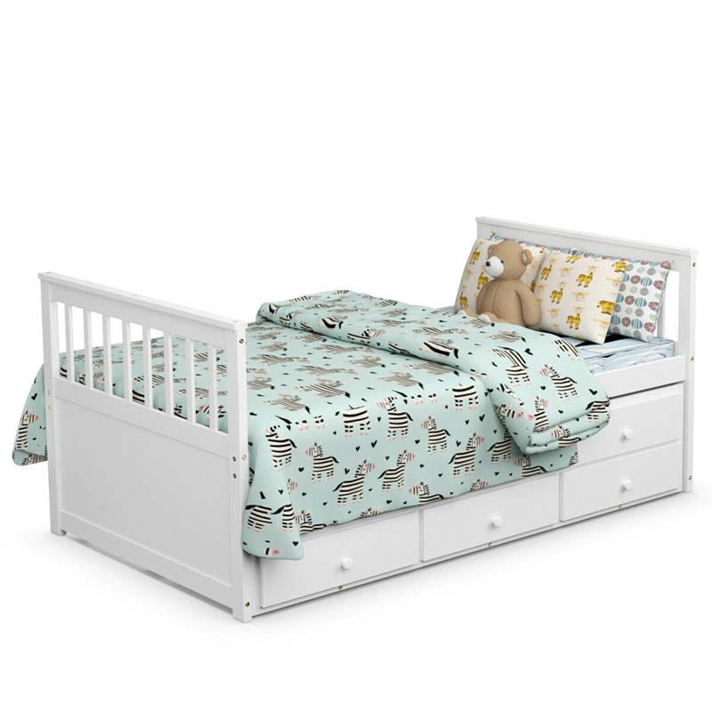 Twin Captain's Bed with Trundle Bed, Storage Daybed with 3 Drawers, Wooden Platform Bed for Kids Guests Sleepovers