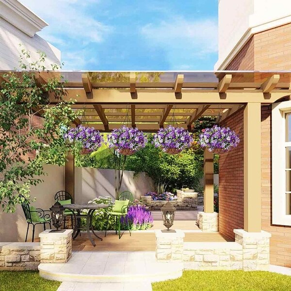 Artificial Silk Flowers Hanging Baskets Outdoors，Chrysanthemum with Eucalyptus Leaves in Metal Coconut Lining Flowerpot