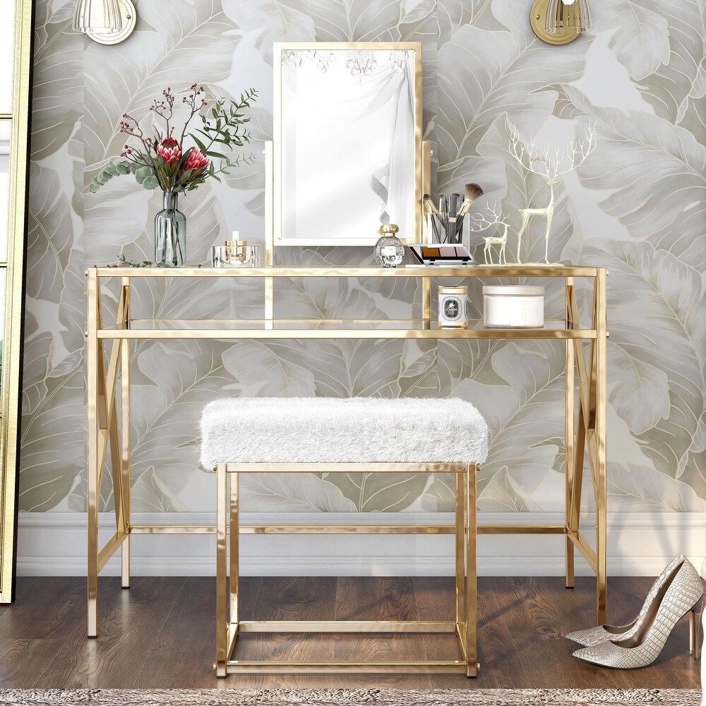 DH LUX Glam Glass Vanity Table and Stool Set by Denhour