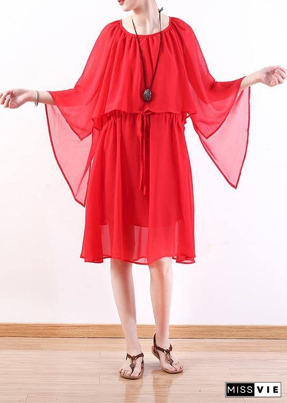 DIY red chiffon Wardrobes plus size Work o neck Batwing Sleeve Summer Dresses