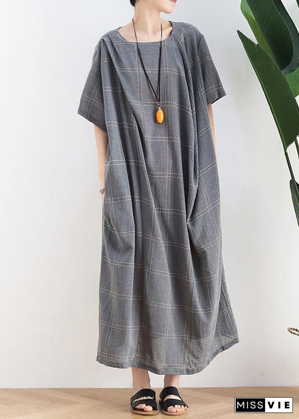 Women o neck short sleeve cotton outfit Neckline gray plaid cotton robes Dresses