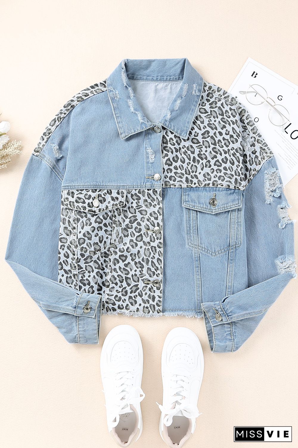 Sky Blue Plus Size Leopard Ripped Cropped Denim Jacket