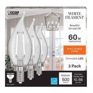 Feit Electric 60-Watt Equivalent BA10 E12 Candelabra Dim White Filament Clear Glass Chandelier LED Light Bulb Soft White 2700K(3-Pack) CFC60927CAWFILHDRP3