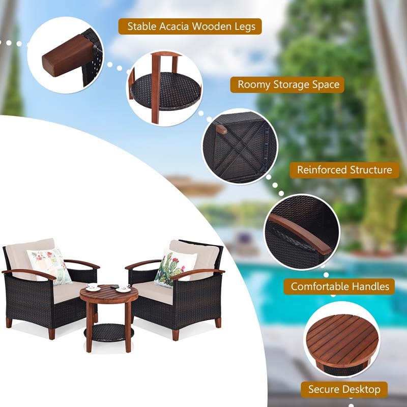 3 Pcs Patio Furniture Set Outdoor Rattan Sofa & Side Table Conversation Bistro Set with Acacia Wood Frame