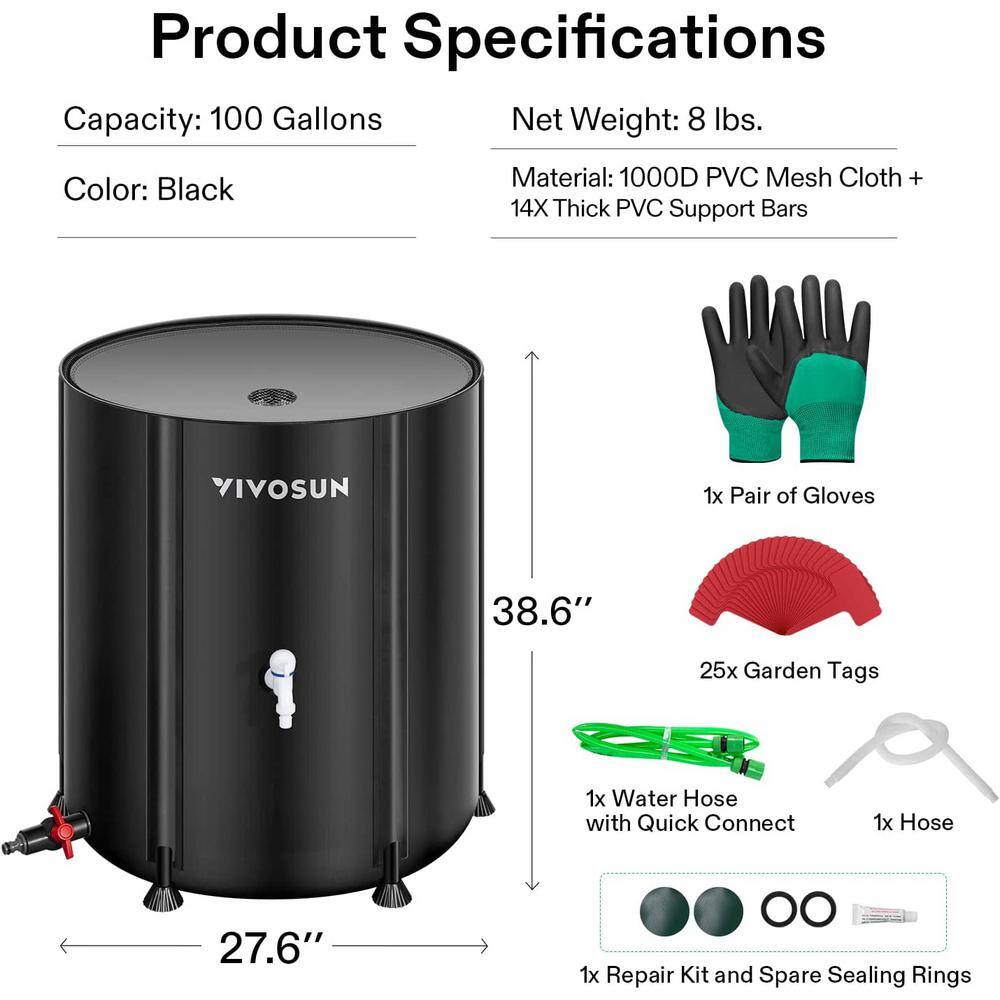 VIVOSUN 100 Gal. Collapsible Rain Barrel with 2 Spigots and Overflow Kit in Black wal-RB-0002B