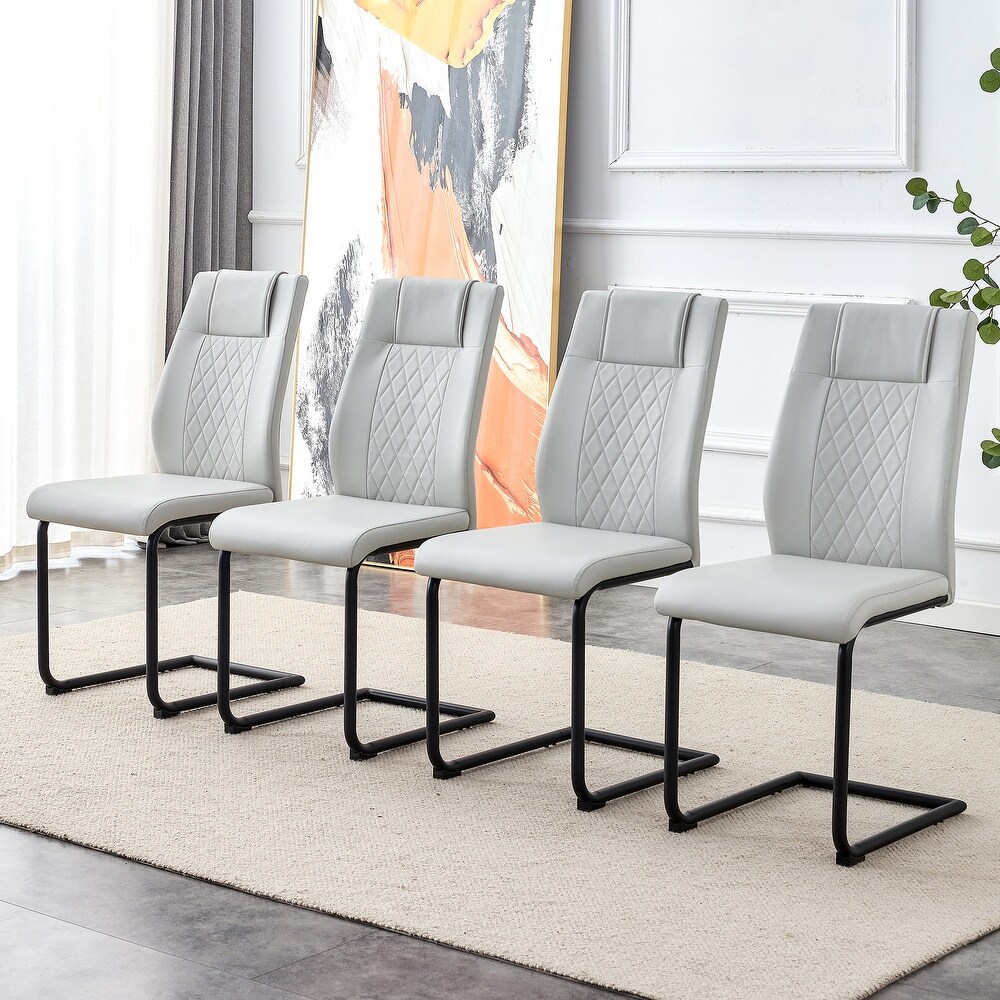 Modern Classic Office Side chair Set of 4  Faux Leather Plaid Upholstered Dining Chair with Arched Metal Leg   Anti Slip Footpad