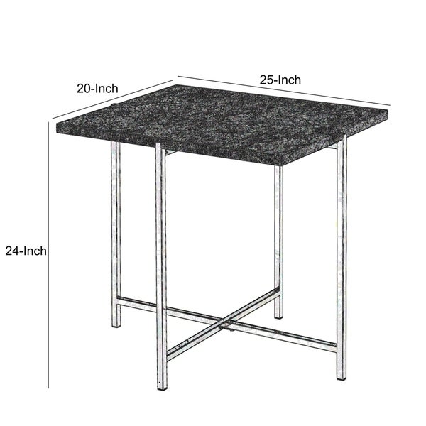 Contemporary Marble Top End Table with Trestle Base ， Gray and Silver