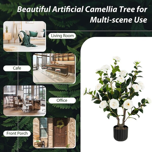 Gymax 2Pack 38'' Artificial Camellia Tree Faux Floral Plant for