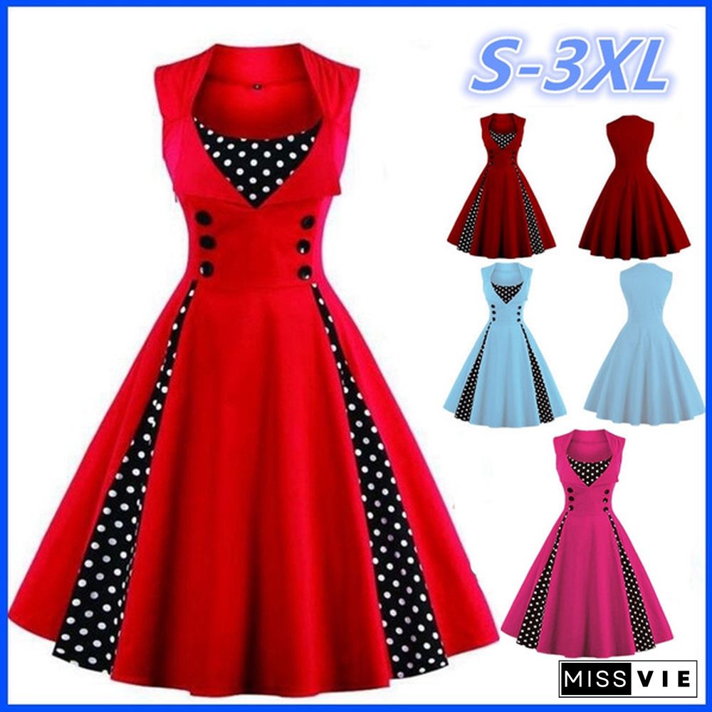 Fashion Woman Robe Pin Up Dress Retro Vintage Dot Swing Summer Female Sleeveless Party Dresses