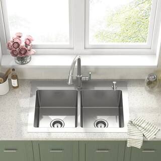 American Standard Raviv Stainless Steel 32 in. Double Bowl Drop-In Kitchen Sink 18DB000132C2.075