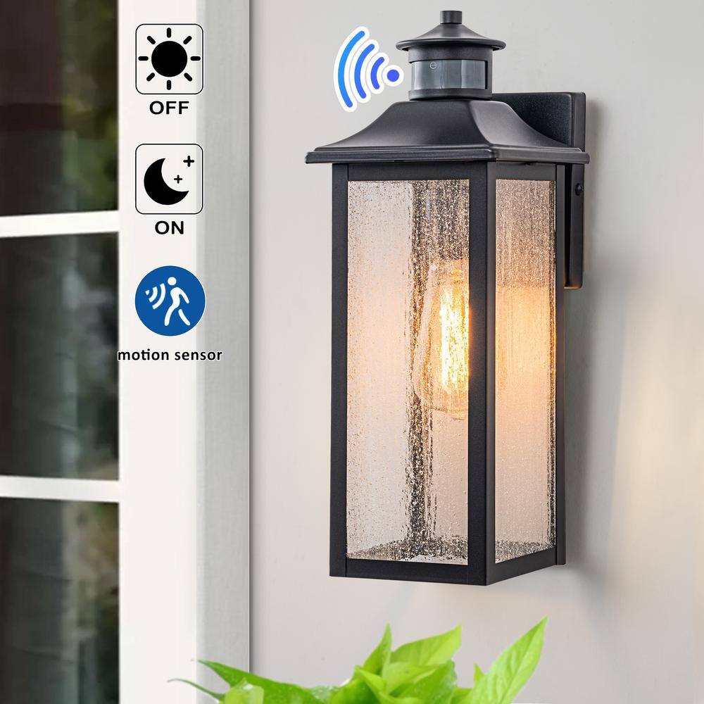 C Cattleya Black Motion Sensing Dusk to Dawn Outdoor Hardwired Wall Lantern Sconce with Seeded Glass Shade and No Bulbs Included HCA2344-W