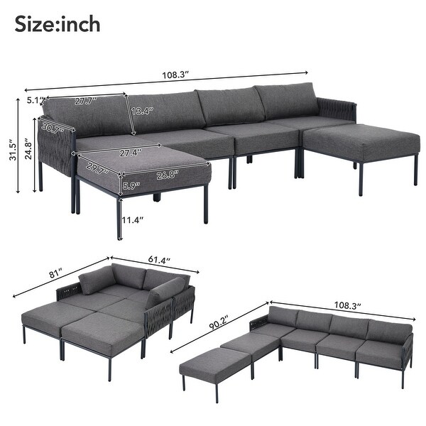 Gray 6piece Outdoor Conversation Sofa Set with Waterproof Thick Cushions，and Elegant Rope Weave Detailing，Free Combination