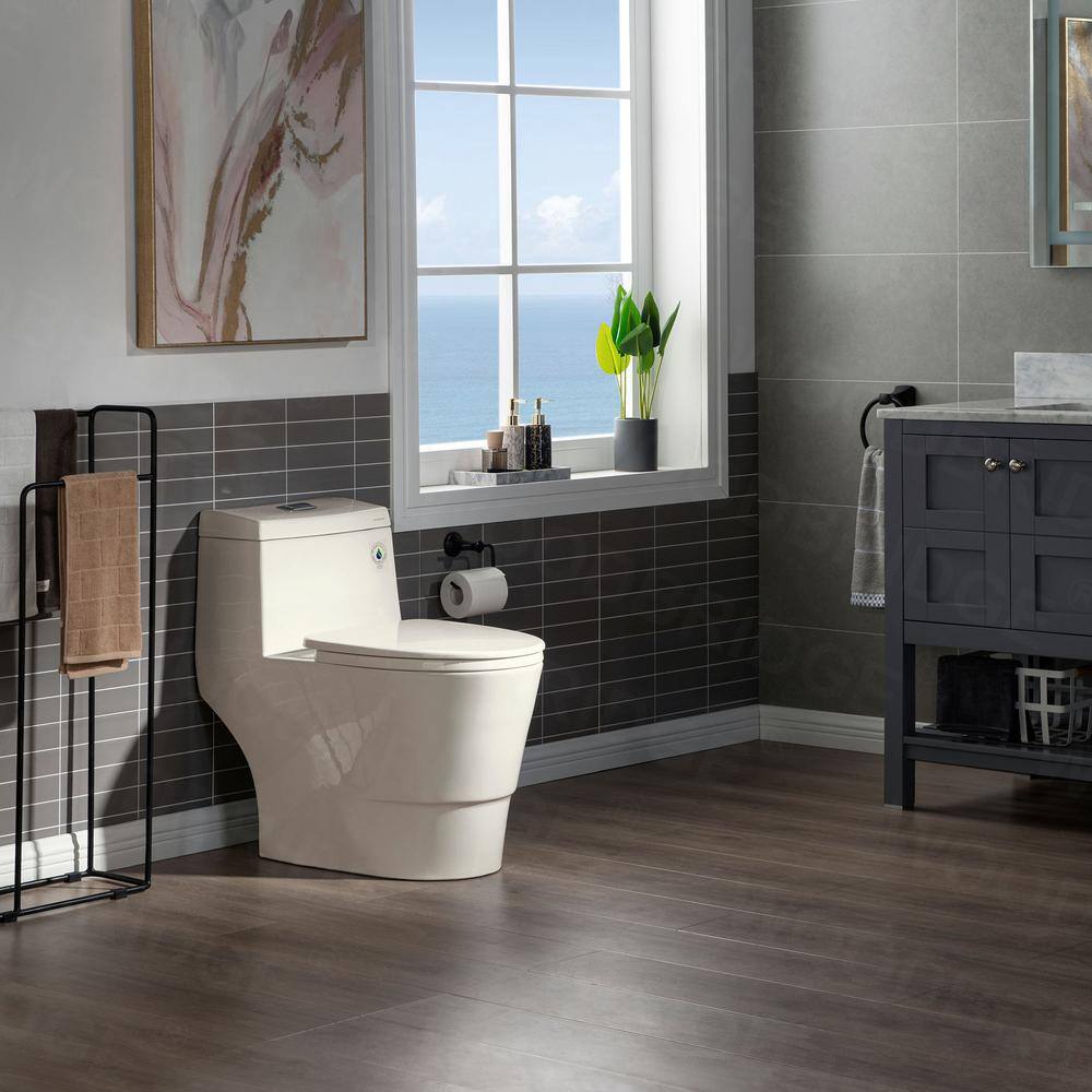 WOODBRIDGE Flora 1-Piece 1.11.6 GPF Dual Flush Elongated Comfort Height Toilet in Biscuit with Soft Closed Seat Included HB0942