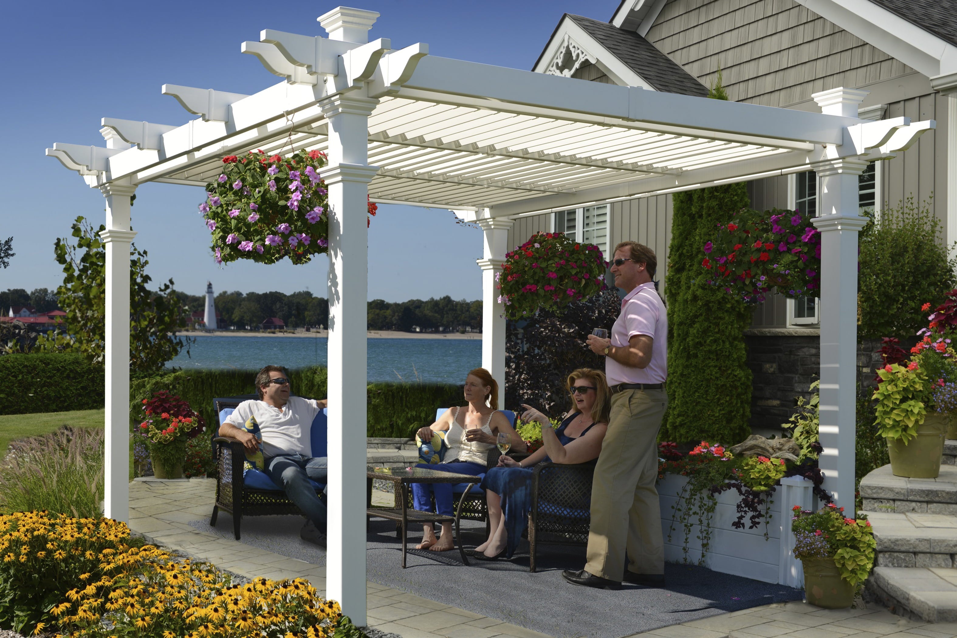 Vita 120"L x 120"W x 104"H Vinyl Avalon Louvered Pergola, White, VA42062