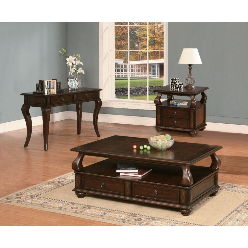 Classic Coffee Table  Bun Feet and Curved Accent With 2 Drawers  Espresso Walnut   Traditional   Coffee Tables   by Declusia  Houzz