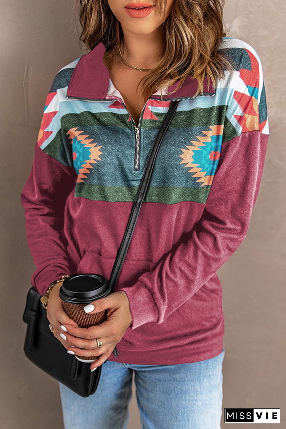 Aztec Print Atop Rosy Pullover Sweatshirt