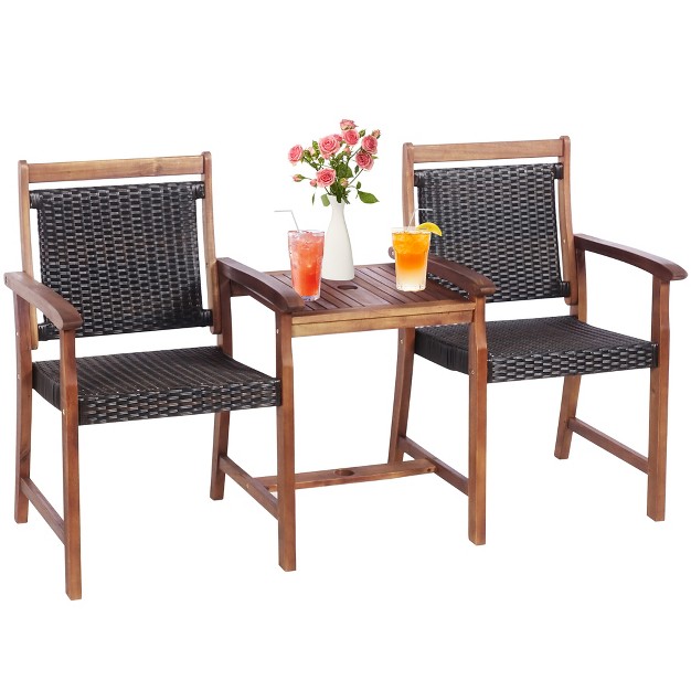 Costway 2 seat Patio Rattan Bench Acacia Wood Frame Table W umbrella Hole Deck