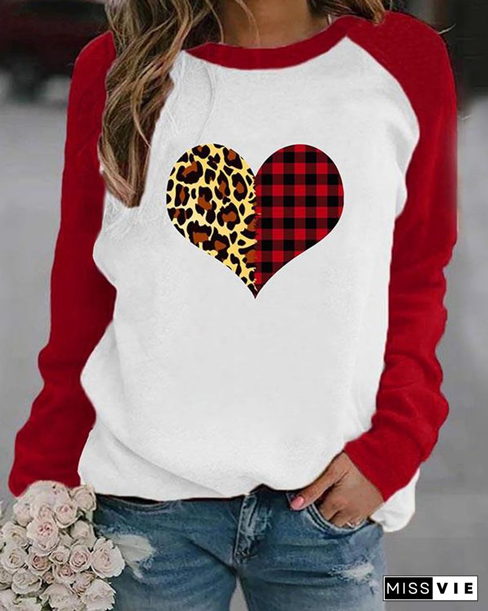 Heart Shaped Leopard And Plaid Print Long Sleeves Color Block T-shirt