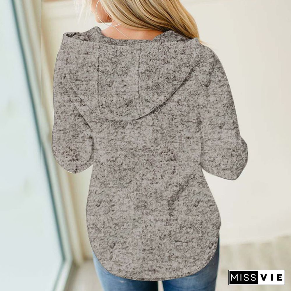 Heathered Print Button Snap Neck Pullover Hoodie