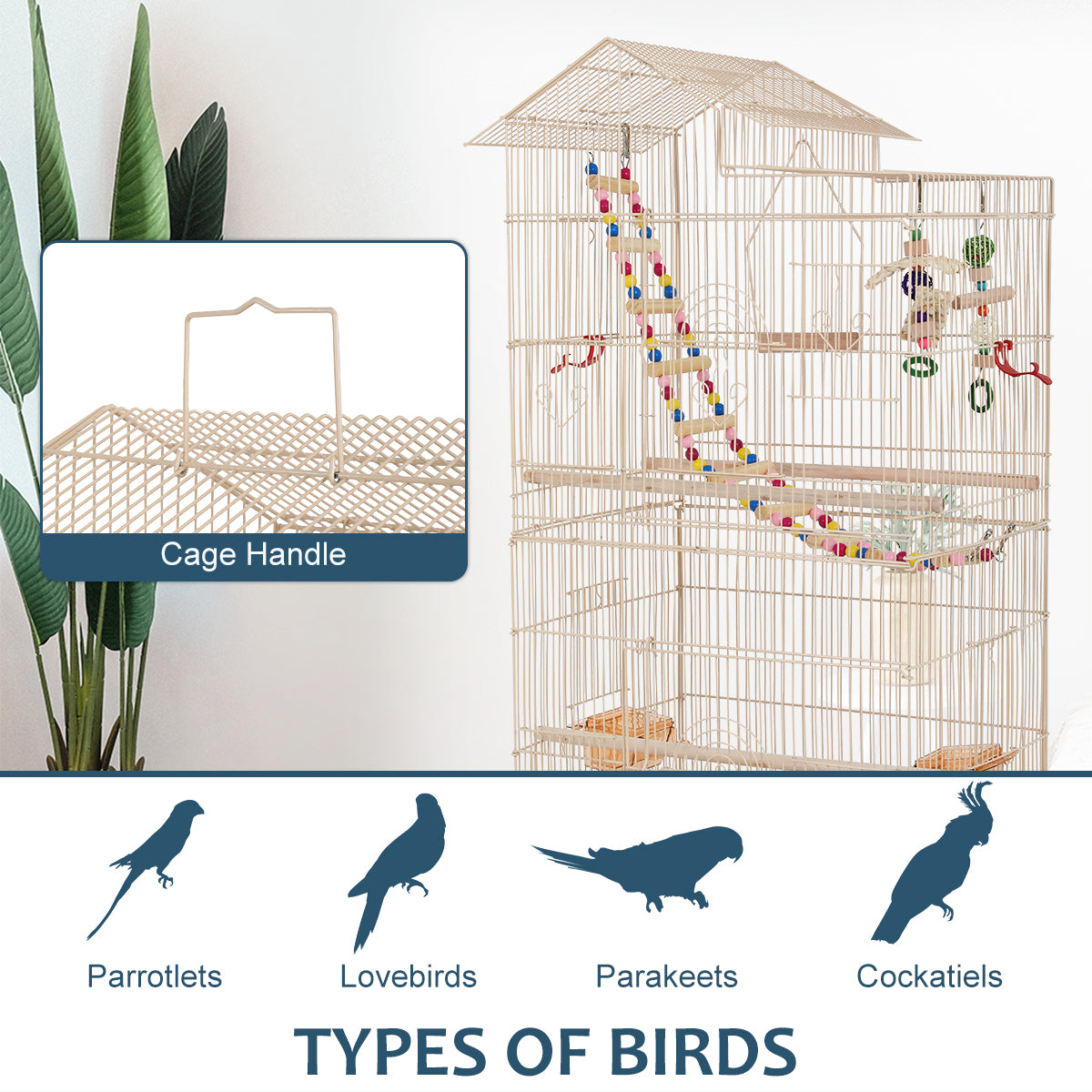 Dkelincs 39 Inch Big Birdcage Study Parakeet Cage Aviary with Accessories Roof Top Flight Parrot Cage with Ladder and Swing for Parakeet， Cockatiels， Parrots， Almond