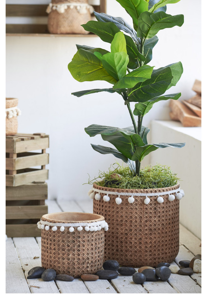 Rattan Detail Planter or Plant Stand  Natural/White   Tropical   Outdoor Pots And Planters   by Lighting New York  Houzz