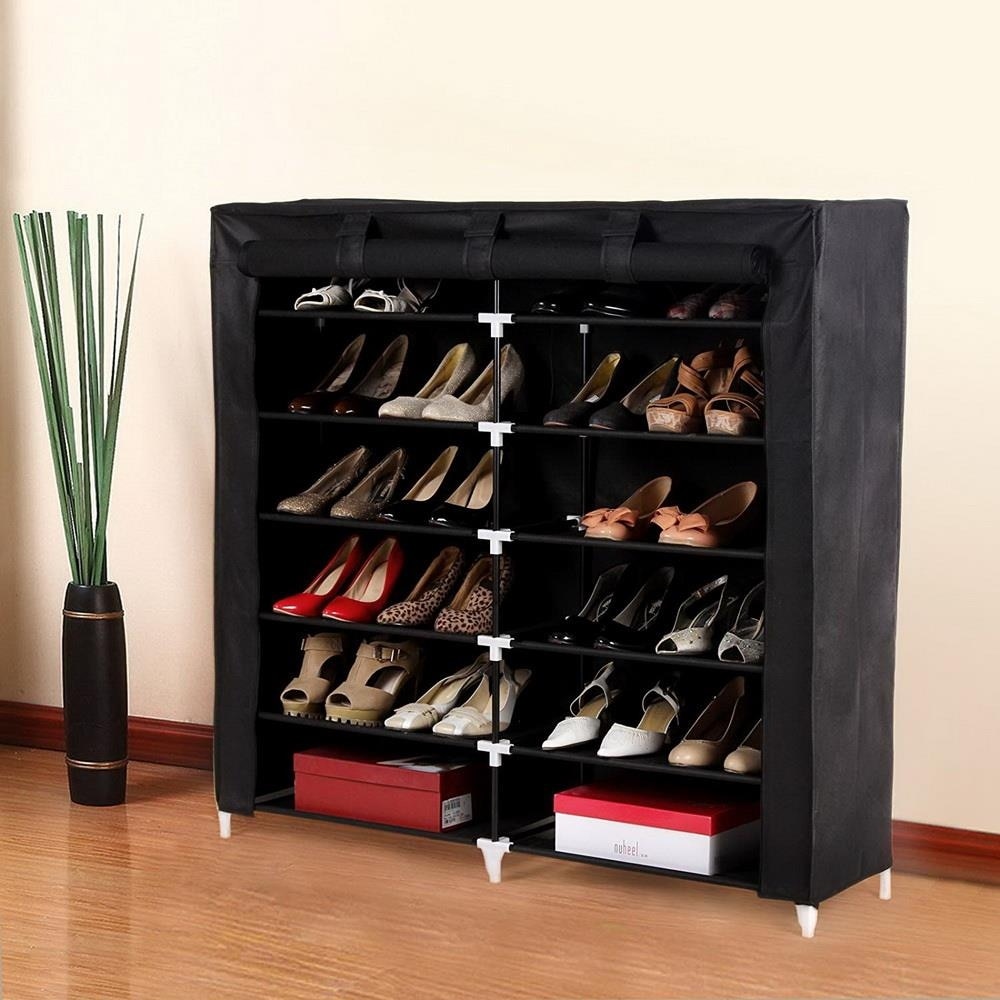 7 Tiers Portable Shoe Rack Closet Fabric Cover Shoe Storage Organizer Cabinet Black