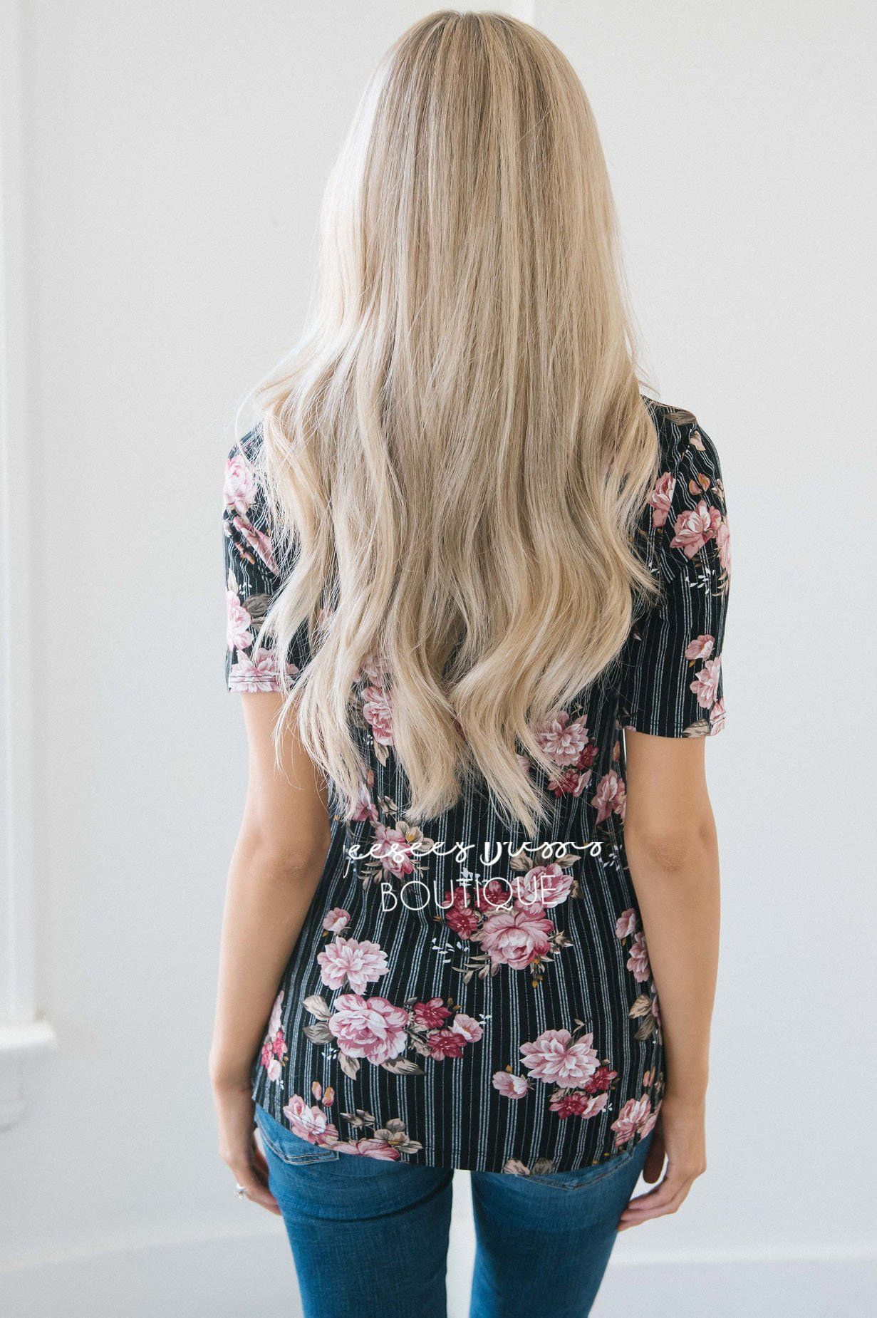 Black Pinstripe Floral Scoop Neck Top