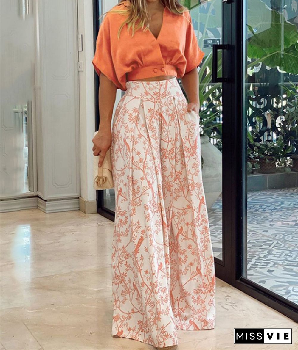 Bat Sleeve Shirts Print Loose Wide Leg Pants Set