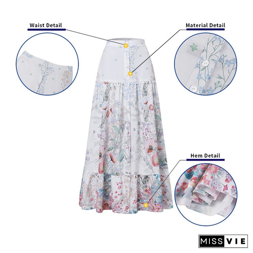 Women Summer Elastic Waist Floral Printed Beach Loose Long Skirts Ruffled Hem Dresses