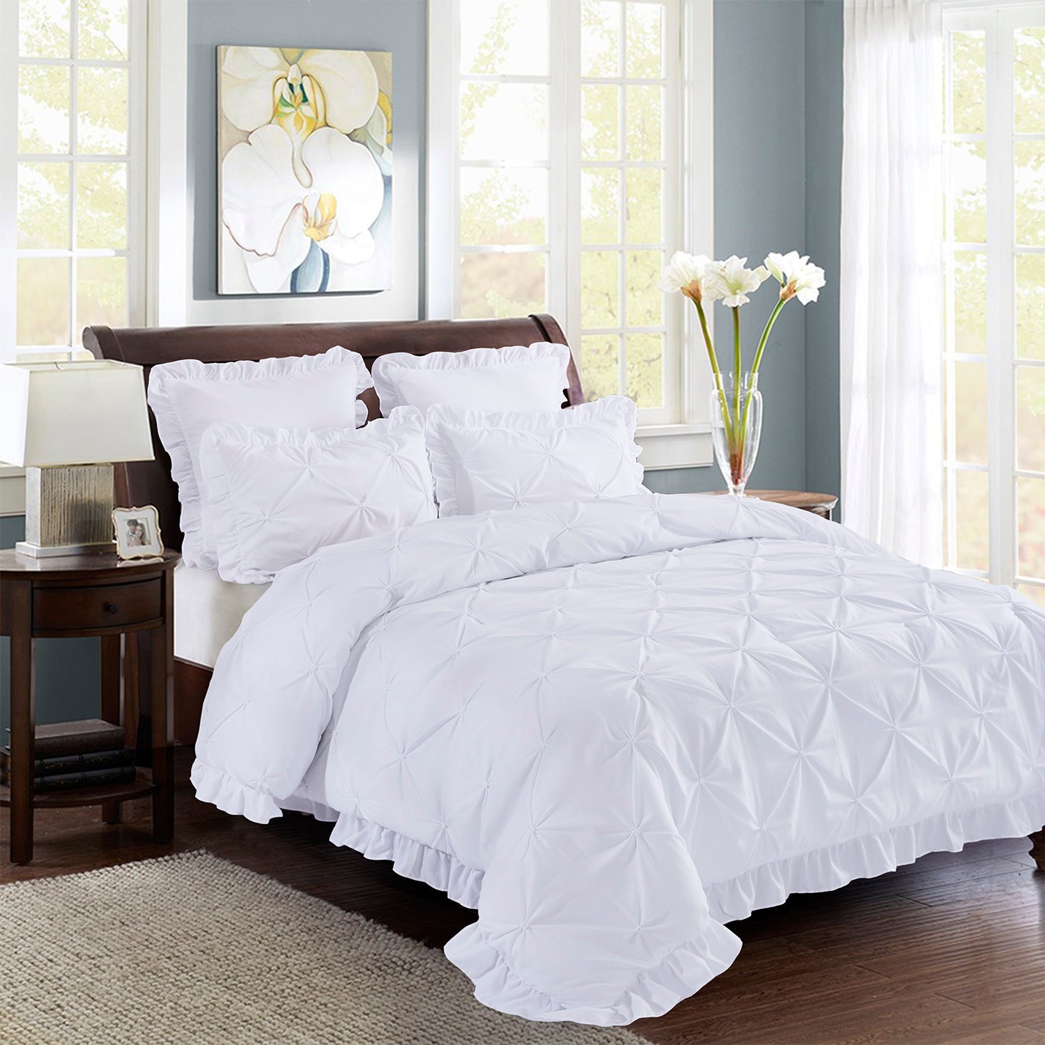 5 Piece Pinch Pleat Scallop Fringe Bedding Embroidered Comforter Set