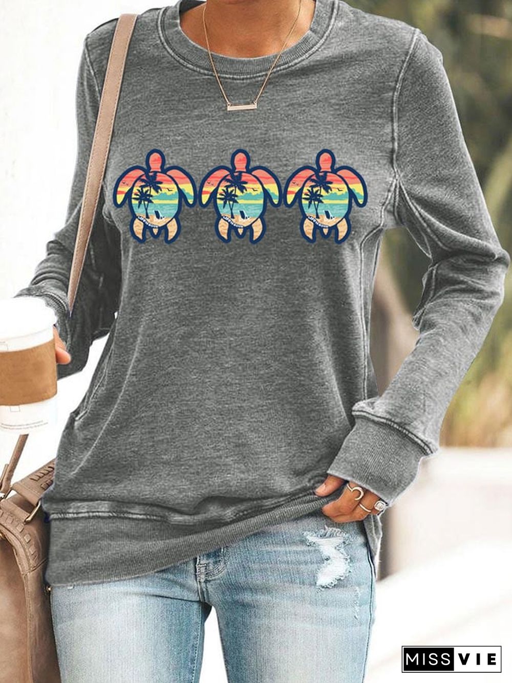 Women's Turtle Art Print Casual Sweatshirt