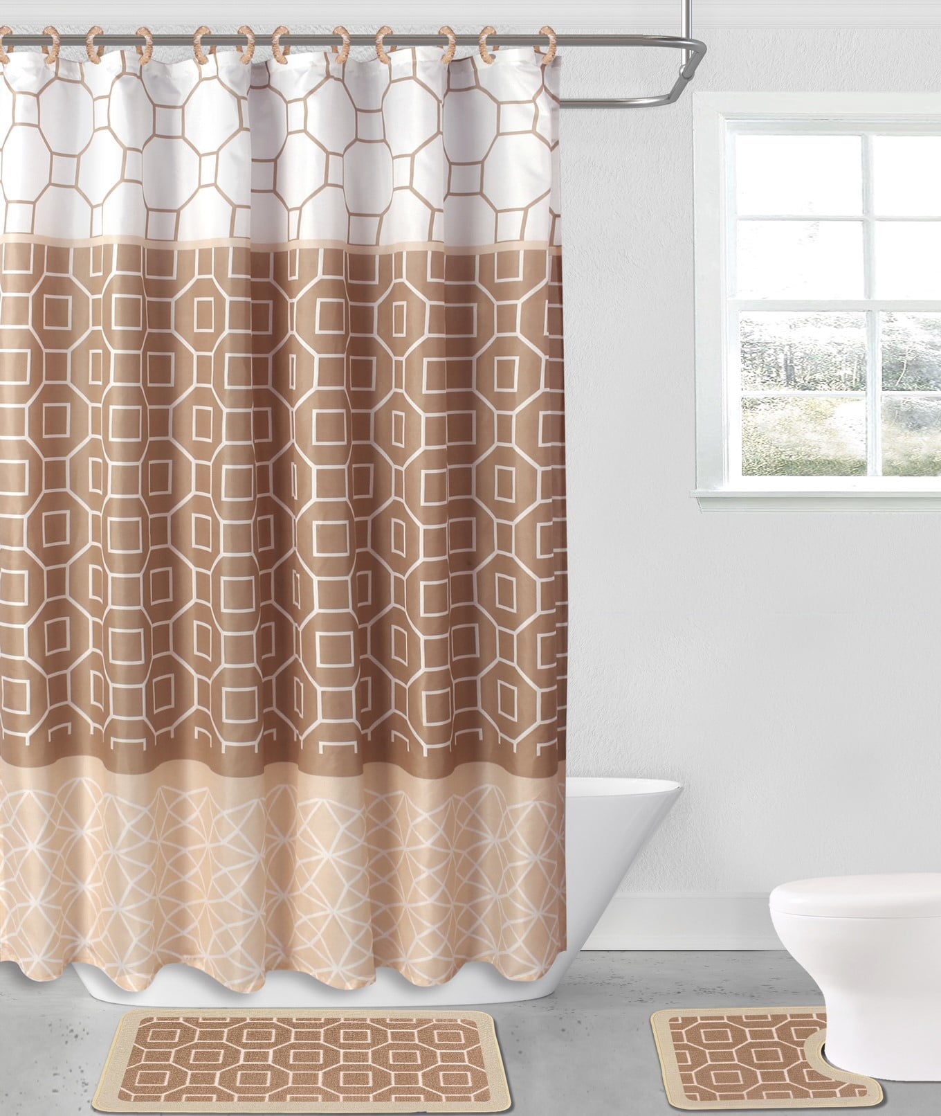 DIAMOND TAUPE / TAN 15-piece Hotel Bathroom Sets - 2 Non-Slip Bath Mats Rugs Fabric Shower Curtain 12-Hooks