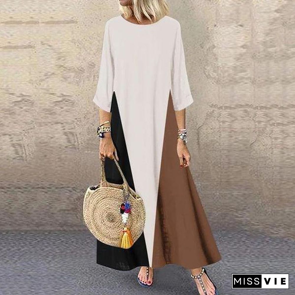 Chic Round Neck 3/4 Sleeve Loose Color Block Maxi Dress