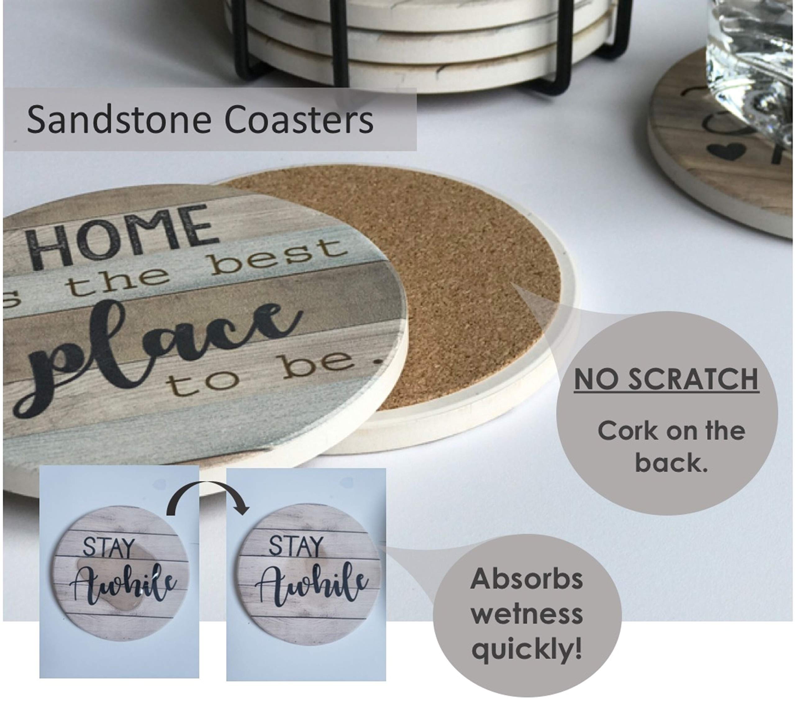 PANCHH Rustic Farmhouse Stone and Cork Coasters for Drinks， Absorbent - Set of 6 Coasters with Holder - Best Housewarming Gifts for New Home Ideas - Cute Kitchen and Coffee Table Décor and Accessories