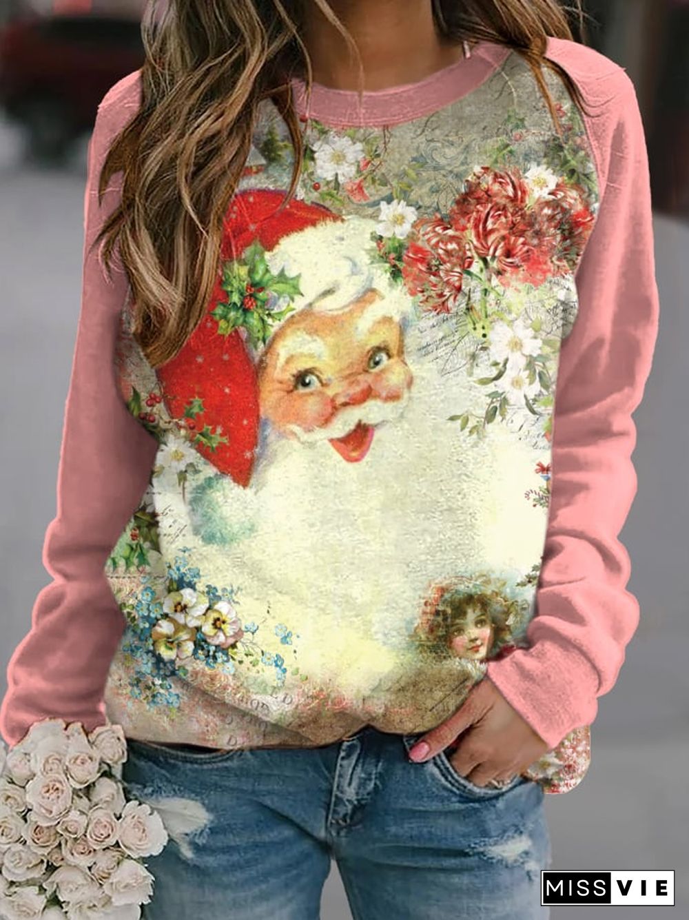 Women'S Merry Chrismas Print Crew Neck Sweatshirt