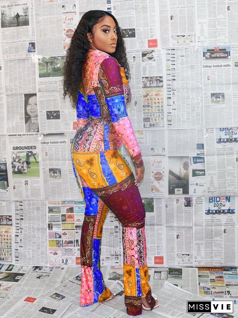 Paisley Printed Casual Long Sleeve Bodycon Jumpsuits