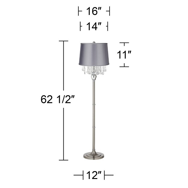 Tall Satin Steel Chrome Crystal Chandelier Light Gray Satin Drum Shade For Living Room Reading Bedroom