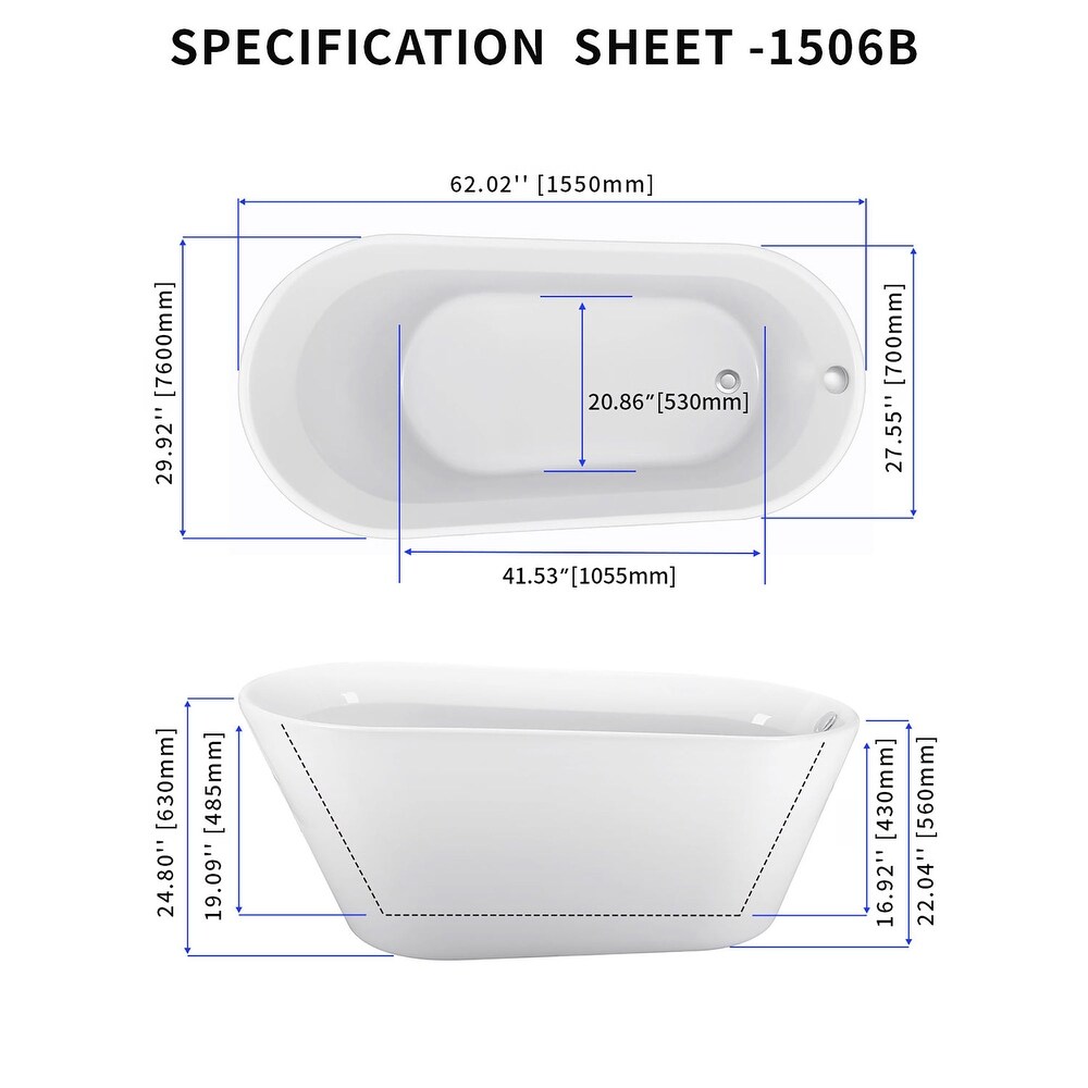 69 Inch Acrylic Freestanding Soaking Bathtub in White with Overflow and Drain