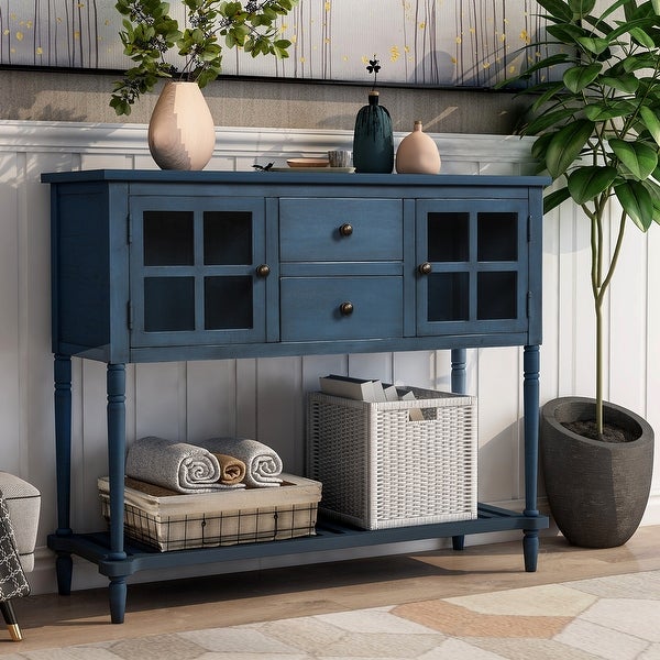 Sideboard Console Table with Bottom Shelf， Farmhouse Wood/Glass Buffet Storage Cabinet Living Room