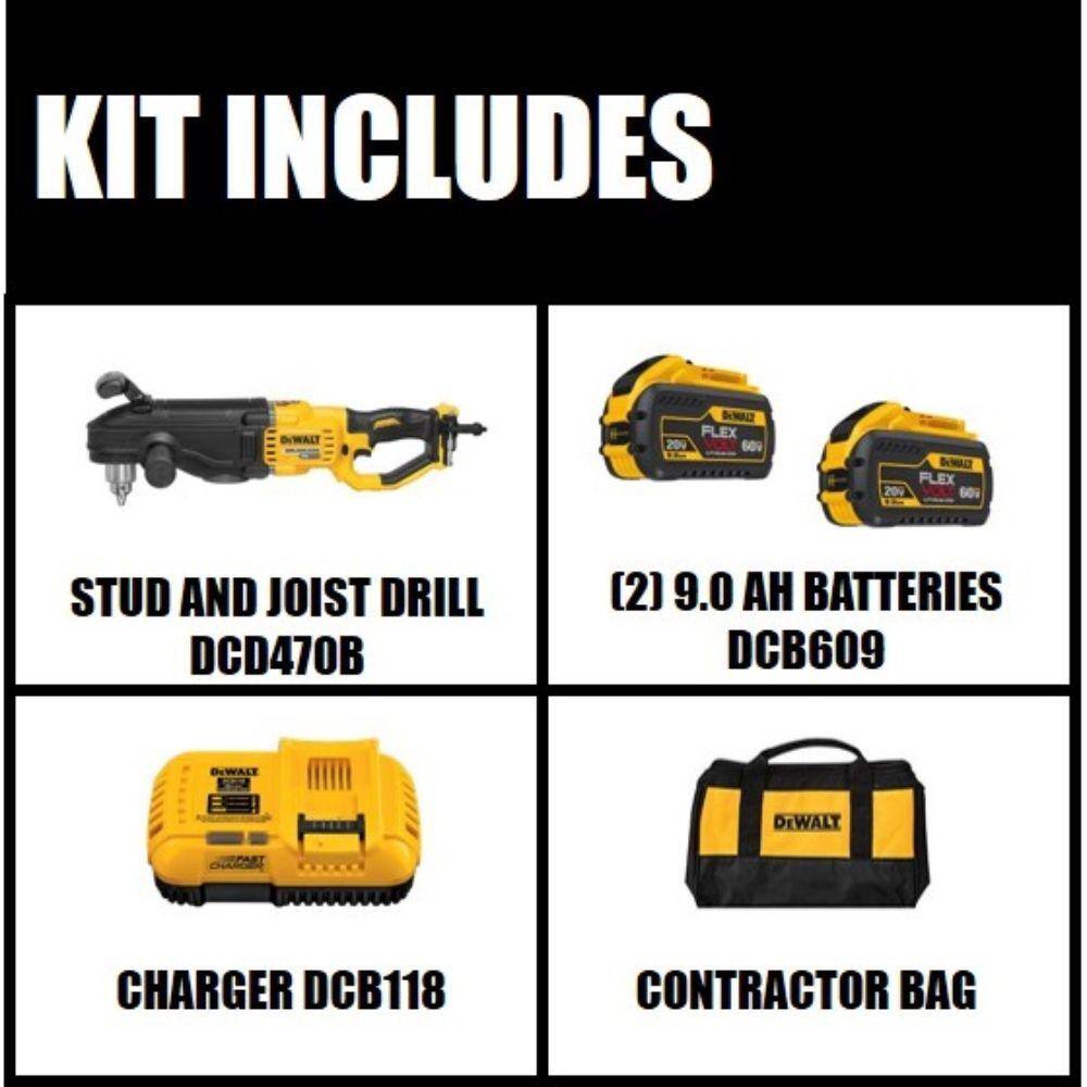 DW FLEXVOLT 60V MAX Cordless In-line 12 in. Stud and Joist Drill with E-Clutch and (2) FLEXVOLT 9.0Ah Batteries DCD470X1W609