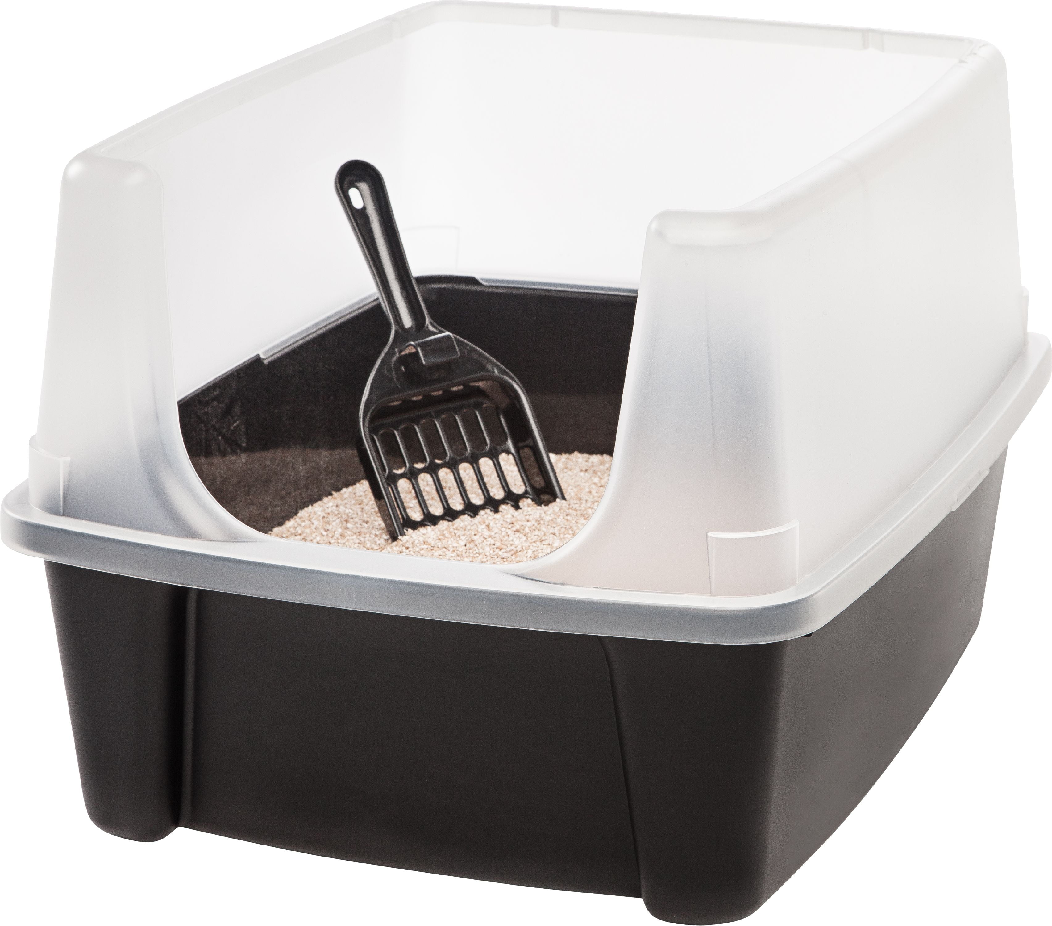 IRIS USA， Open-Top Cat Litter Box with Shield and Scoop， Black