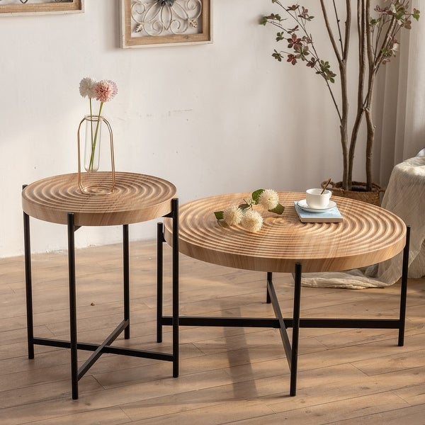 Modern Thread Design Round Coffee Table or End Table， MDF Table Top with Cross Legs Metal Base