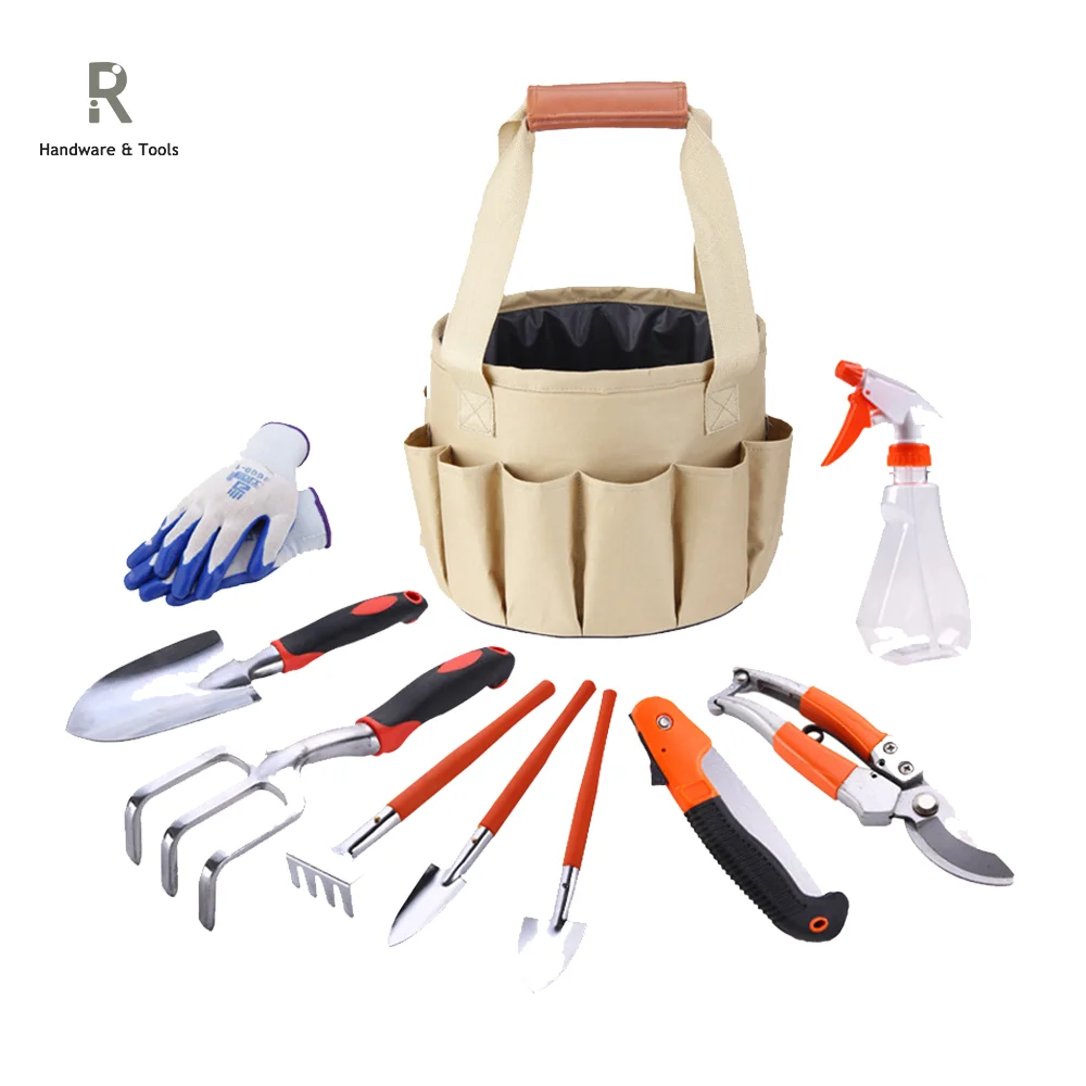 Wholesale  Garden Tools Set  with Weeding Fork  Rake Tooth  Pruner Garden Bucket and Tools Bag Set Garden Hand Tools