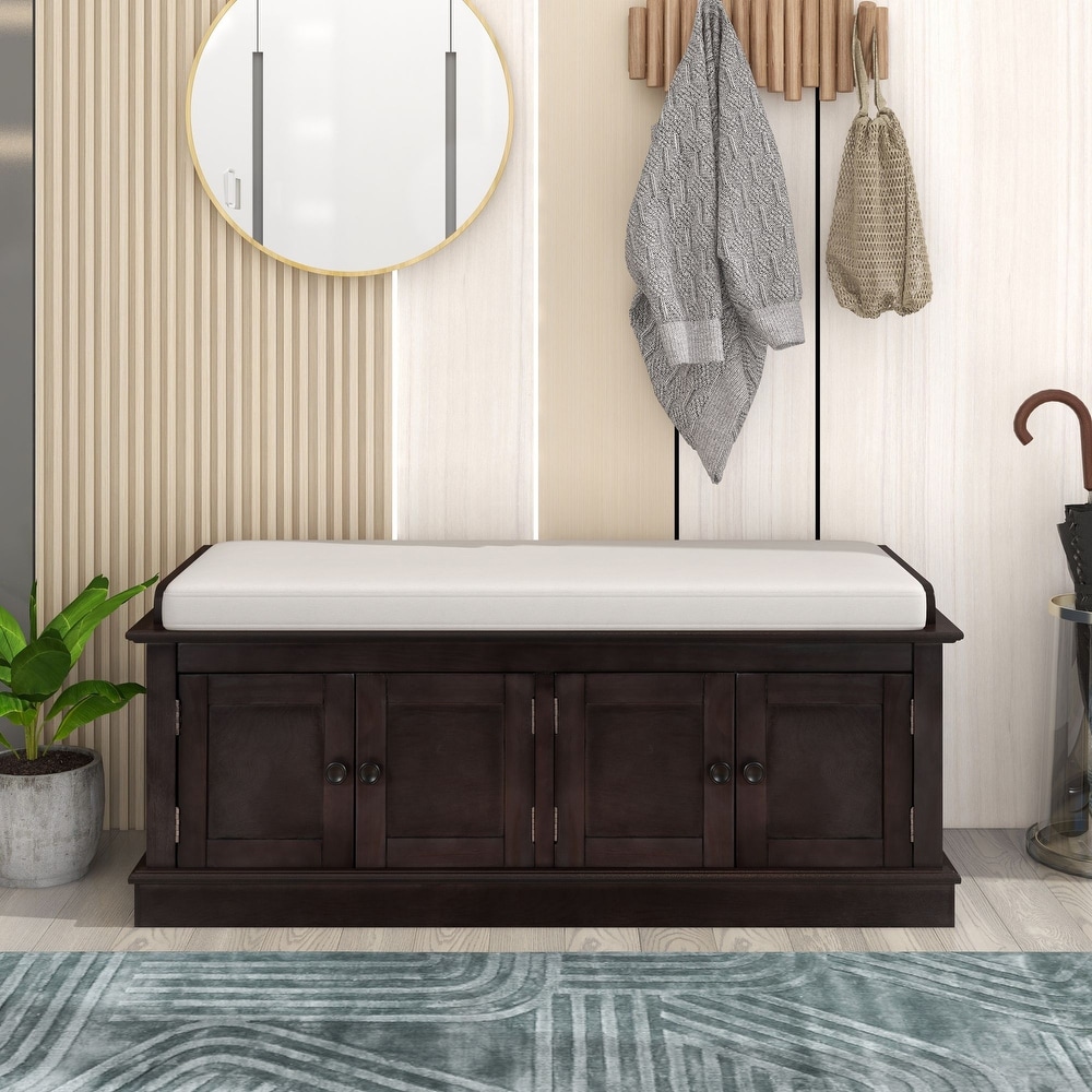 Home Collection Storage Bench w/ 4 Doors   Adjustable Shelves w/ Shoe Storage   Removable Cushion for Entryway Standard Benches
